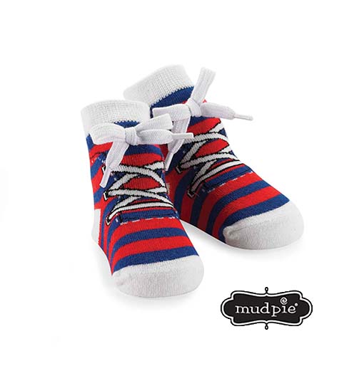 A photo of the Mudpie: Blue & Red Sneaker Socks product