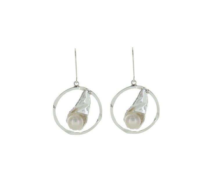 A photo of the Drop in a Circle Mother of Pearl Earrings product