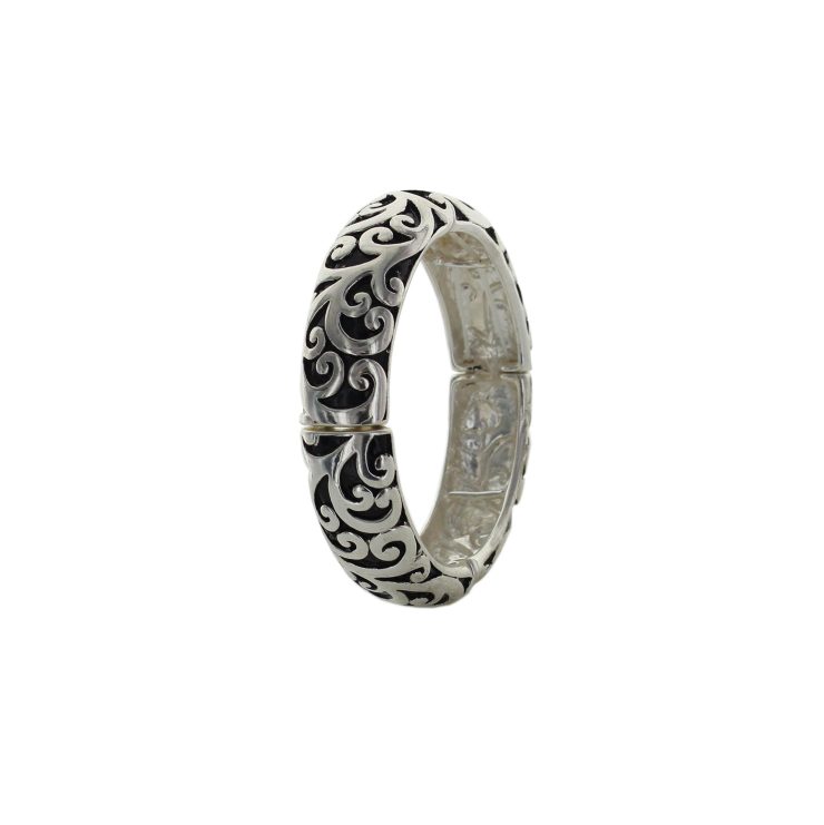 A photo of the Black and Silver Scroll Bangle product