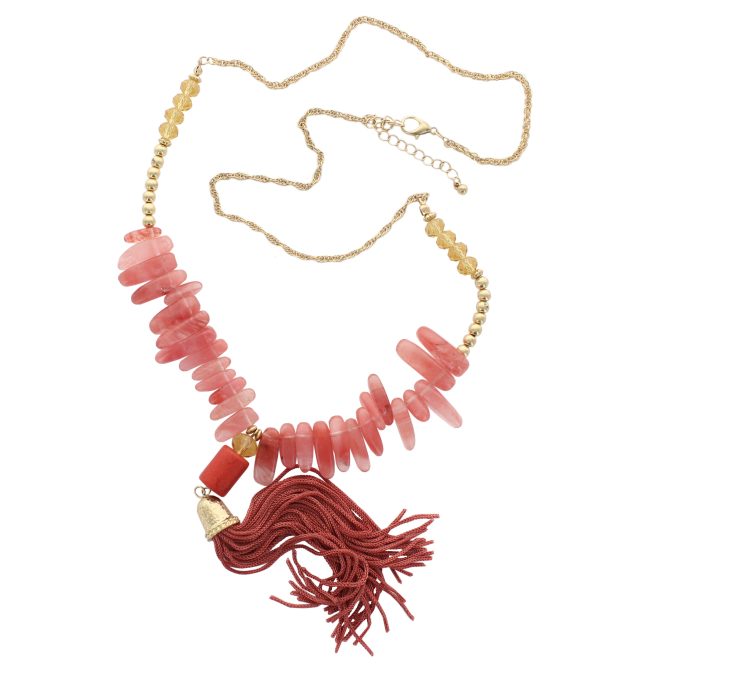 A photo of the Blush Red Boho Tassel Necklace product