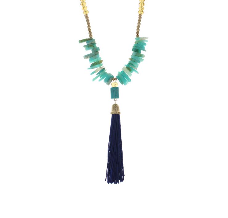 A photo of the Turquoise Boho Tassel Necklace product