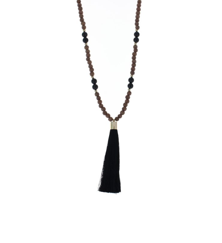 A photo of the Wood Beaded Black Tassel Necklace product