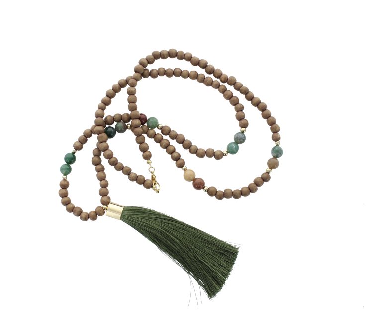 A photo of the Olivine Tassel Wood Beaded Necklace product