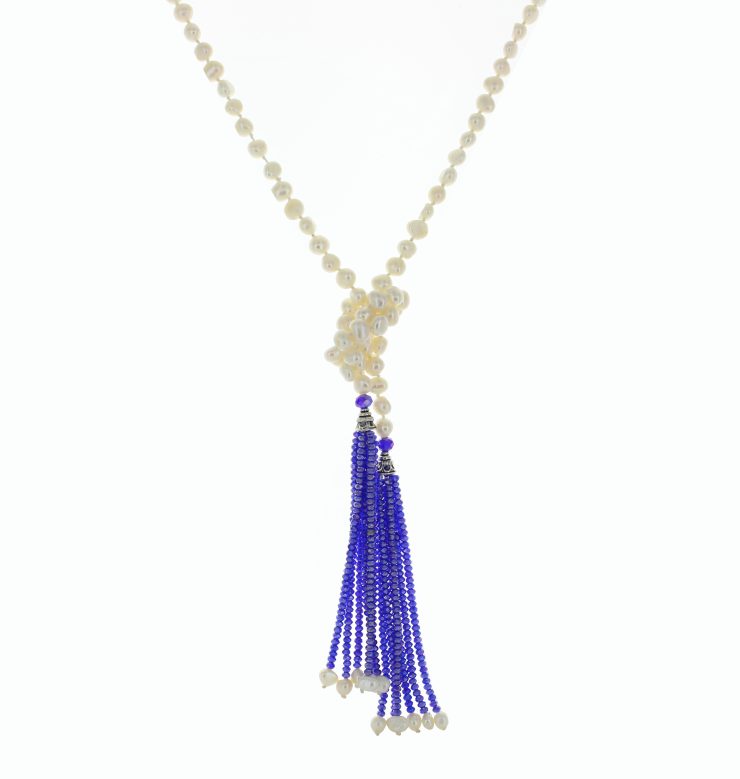 A photo of the Pearls & Blue Crystals Necklace product