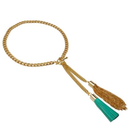 A photo of the Double Tassel Aqua Necklace product