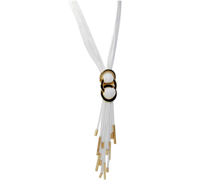 A photo of the Three Ring White Leather Necklace product