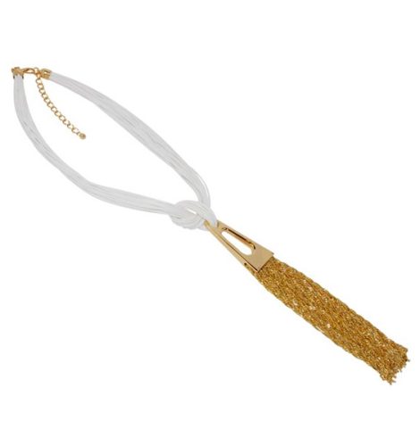 A photo of the White Leather Gold Tassel Necklace product