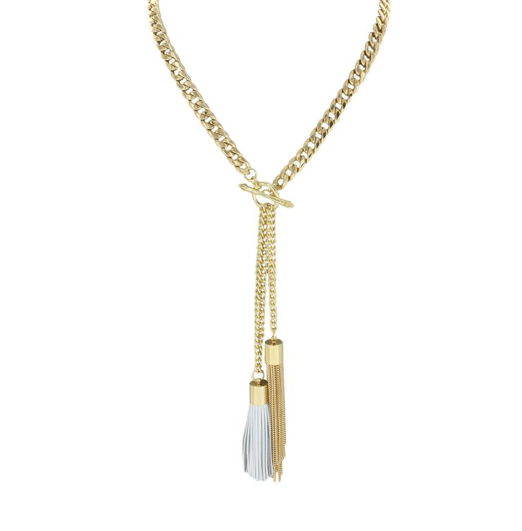 A photo of the Double Tassel White Necklace product