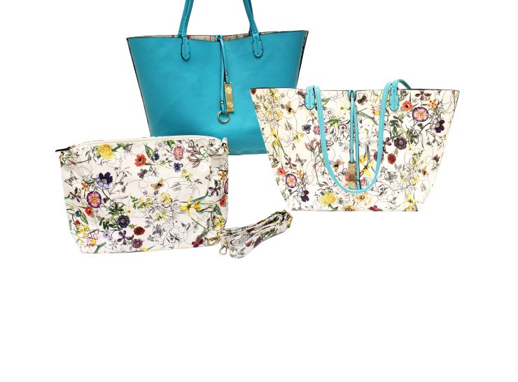 A photo of the Turquoise & Flowers Reversible Tote product