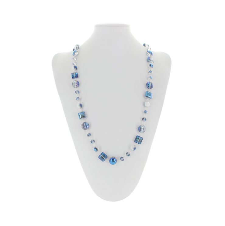 A photo of the Blue Crystals & Stones Tassel Necklace product
