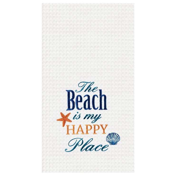 A photo of the "The Beach Is My Happy Place" Kitchen Towel product