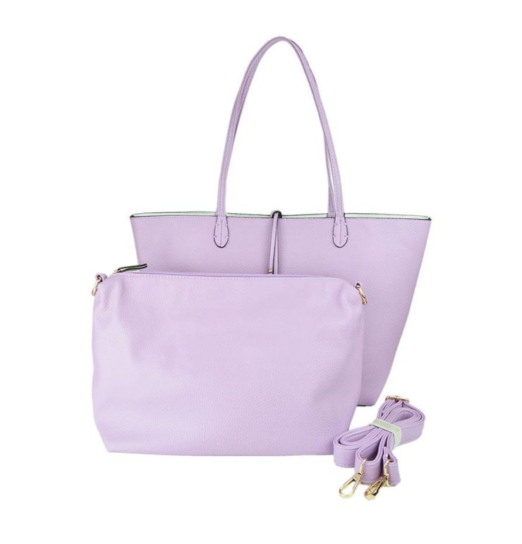 A photo of the Light Purple & White Reversible Tote product