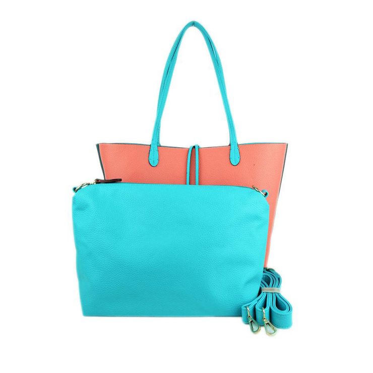 A photo of the Blue and Coral Reversible Tote product