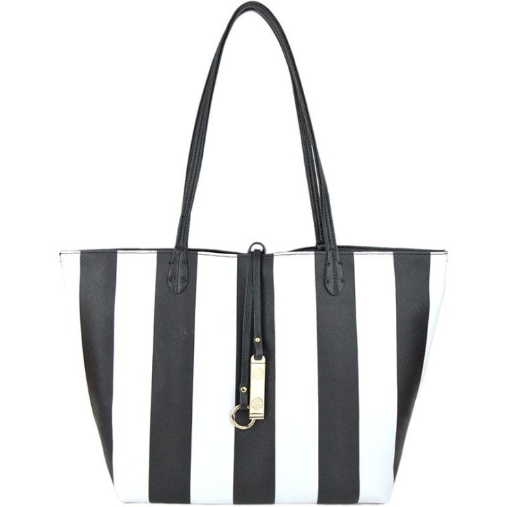 A photo of the Black & White Stripes Reversible Tote product