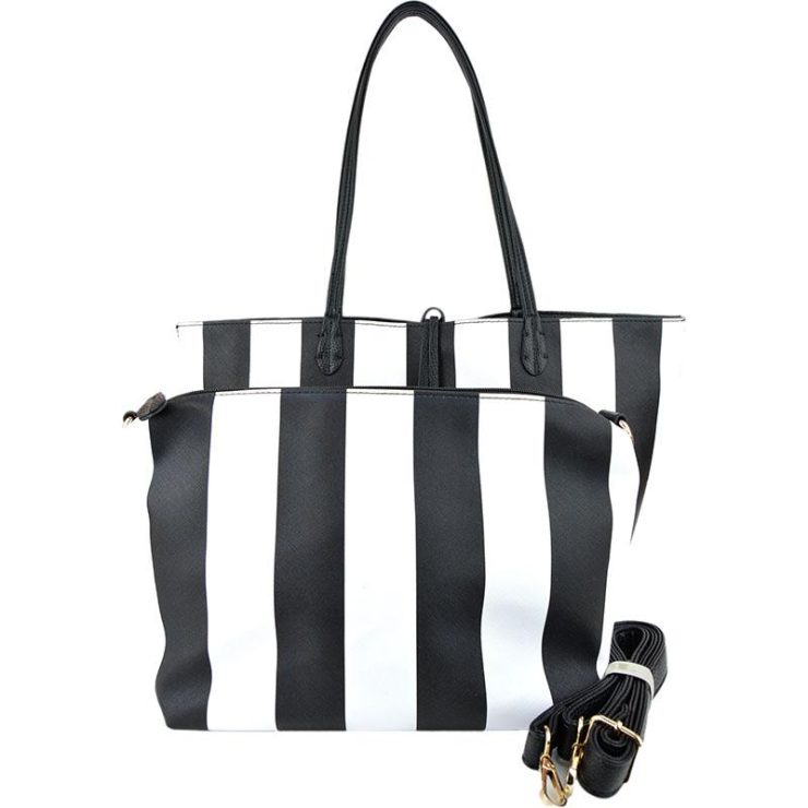 A photo of the Black & White Stripes Reversible Tote product