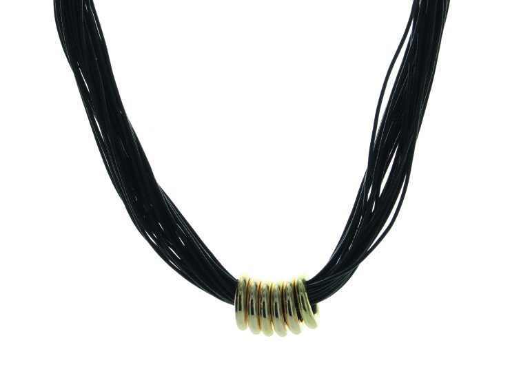A photo of the Black Strings Gold Rings Necklace product