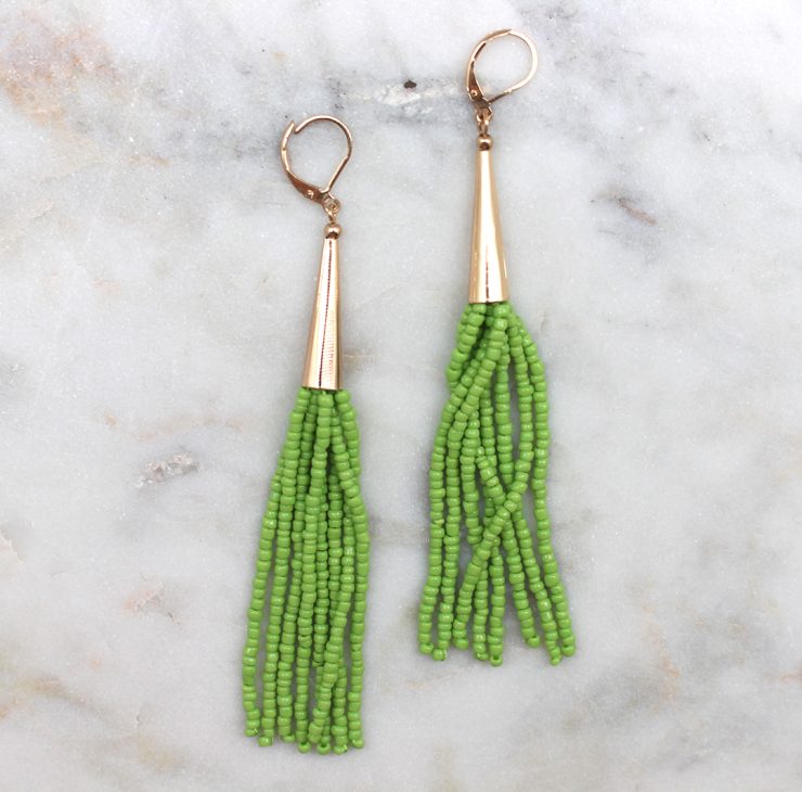 A photo of the Lever Back Beaded Tassel Earrings product