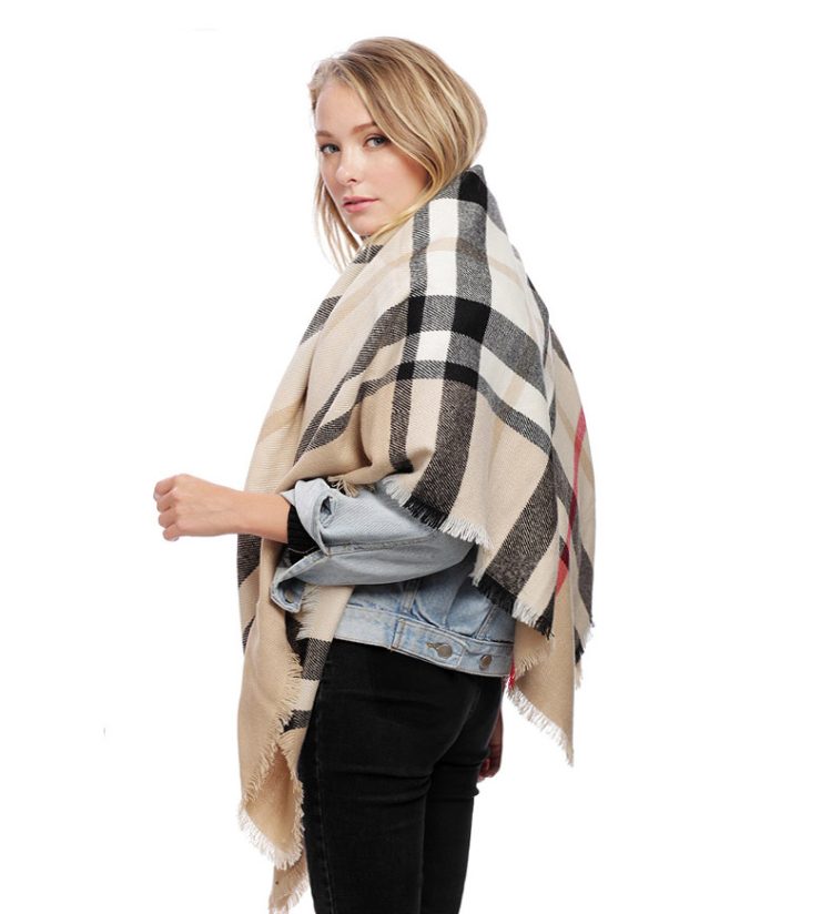 A photo of the Pretty In Plaid Beige Scarf product
