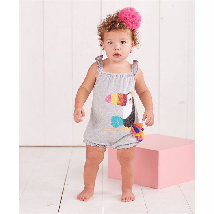 A photo of the Sequin Toucan Tassel Bubble Romper product