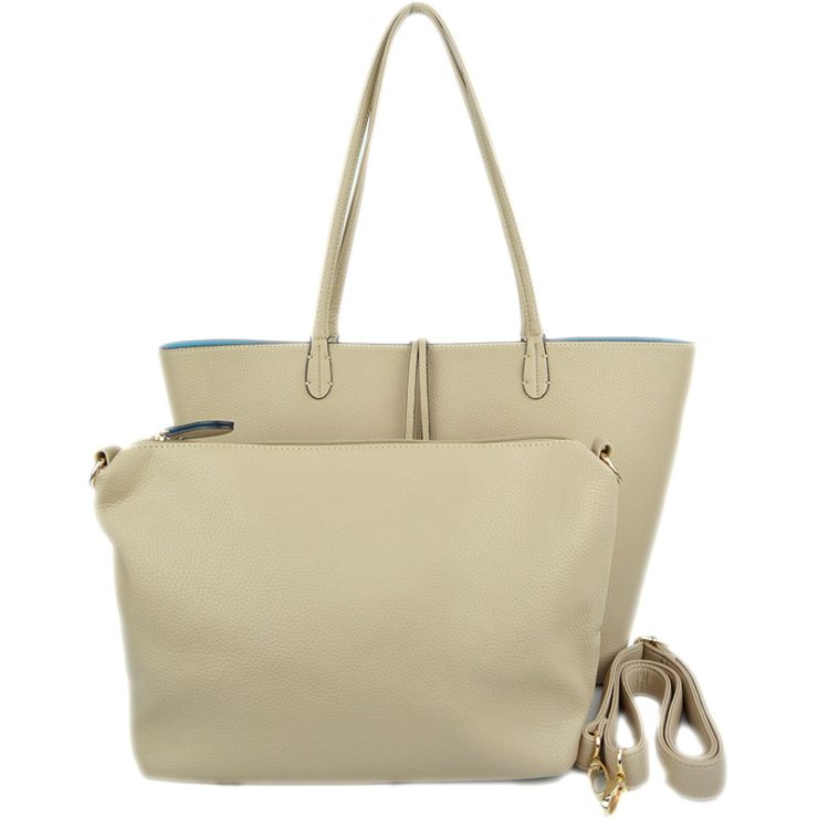 A photo of the Beige & Sky Blue Reversible Tote product