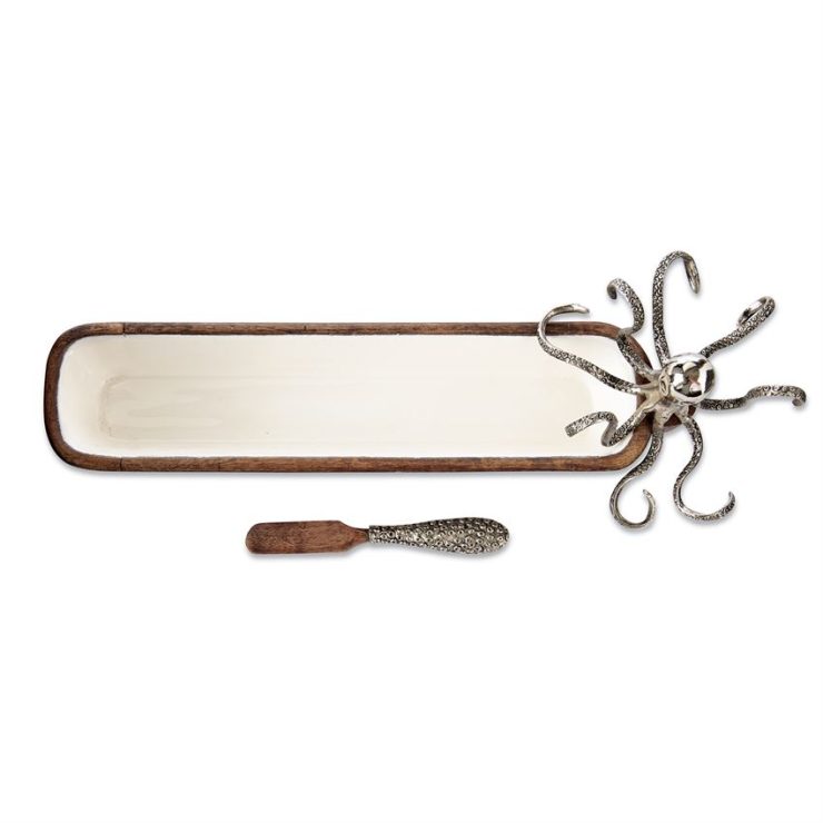 A photo of the Octopus Wood And Enamel Cracker Dish Serving Set product