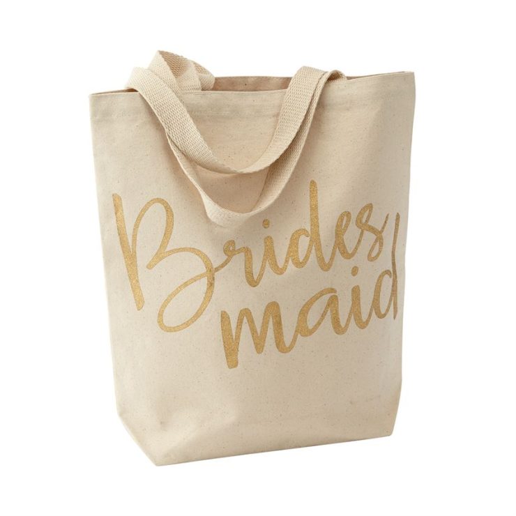 A photo of the Bridesmaid Gold Glitter Canvas Tote product