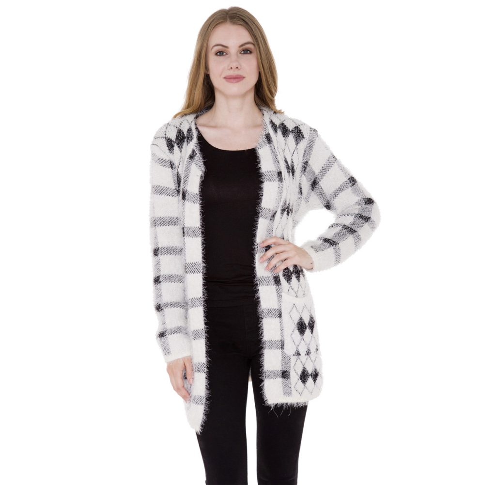 brown and white checkered sweater