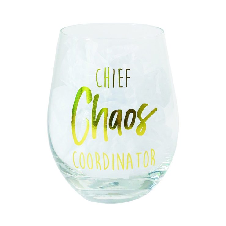 A photo of the Chief Chaos Coordinator Stemless Wine Glass product