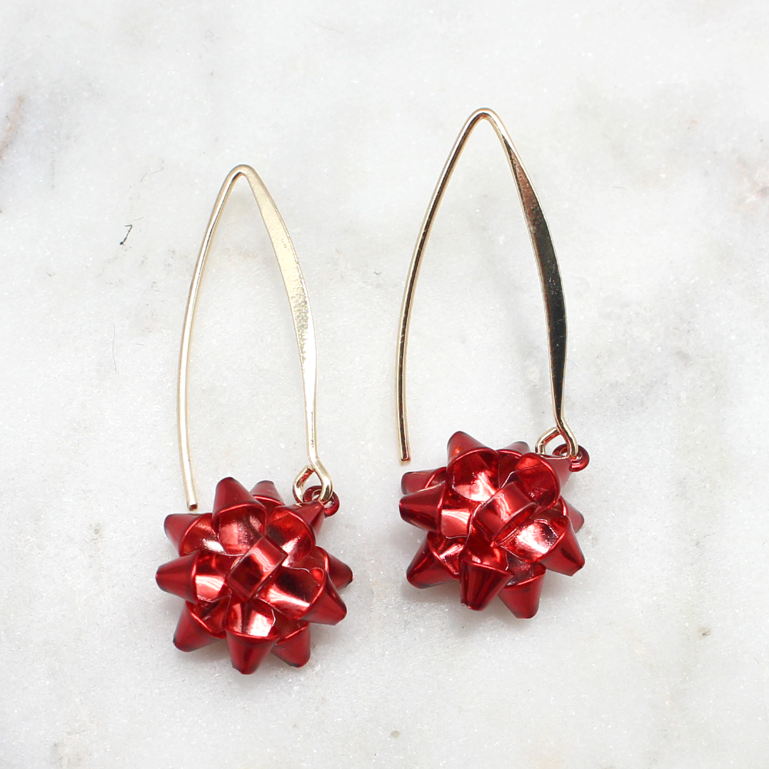 Gold Hoop Earrings Featuring a Christmas Bow Charm  Approximately 175  in Length  248617  Wholesale Fashion Jewelry