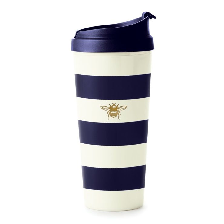 A photo of the Navy Stripe Gold Bee Thermal Tumbler product