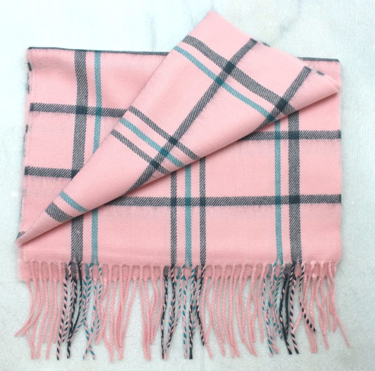 A photo of the Navy, Pink & Teal Striped Plaid Cashmere Feel Scarf product
