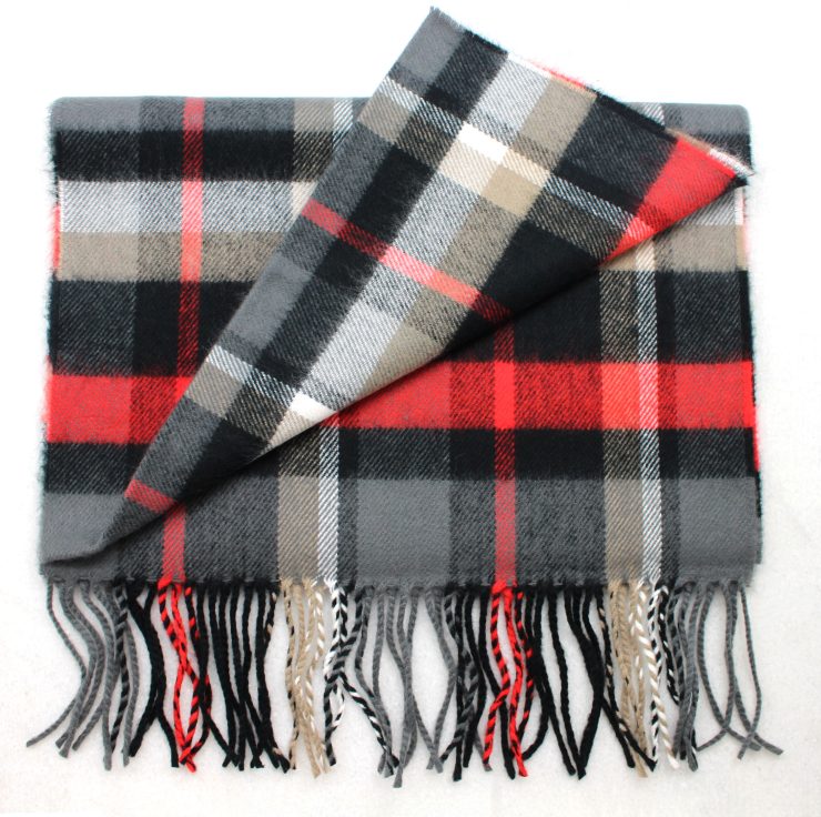 A photo of the Red, Black, Taupe & White Plaid Scarf product