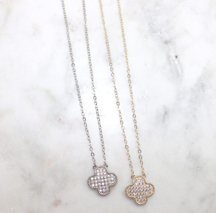 A photo of the Rhinestone Clover Necklace product