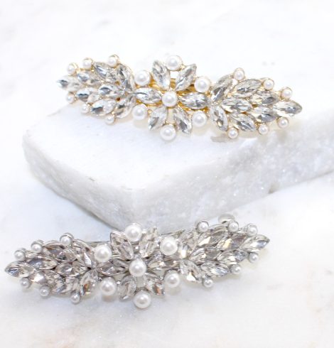 A photo of the Rhinestone and Pearl Frosted Barrette product