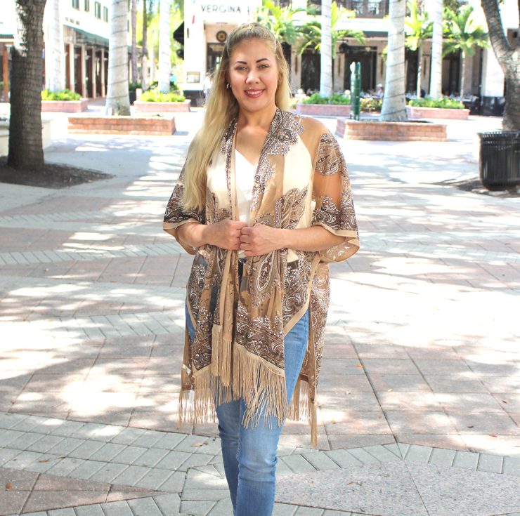 A photo of the Paisley Fringe Kimono product