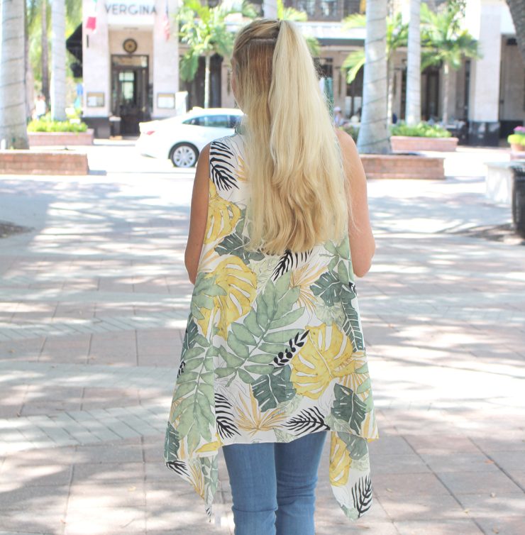 A photo of the Tropical Leaves Kimono Vest product