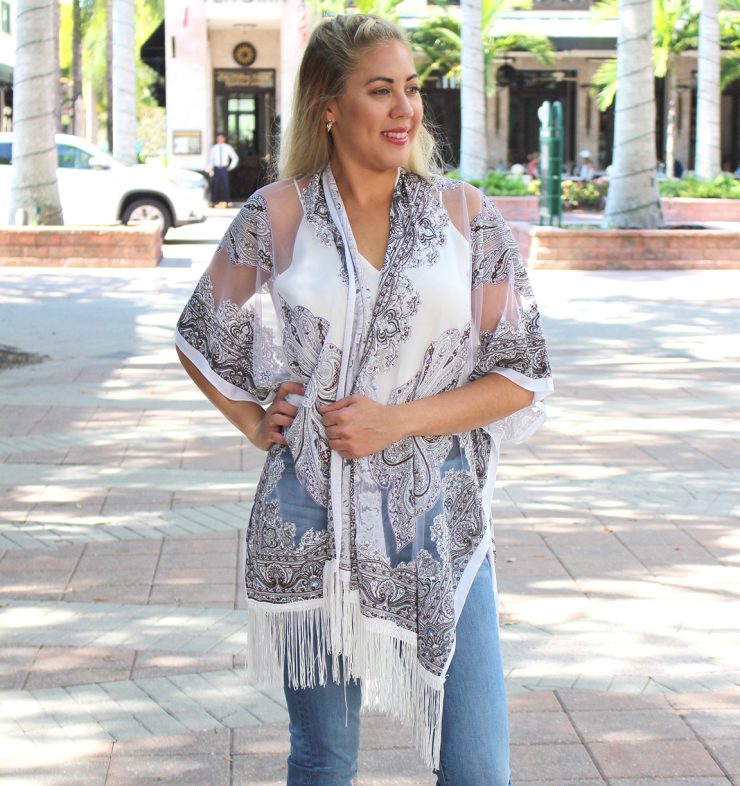 A photo of the Paisley Fringe Kimono product