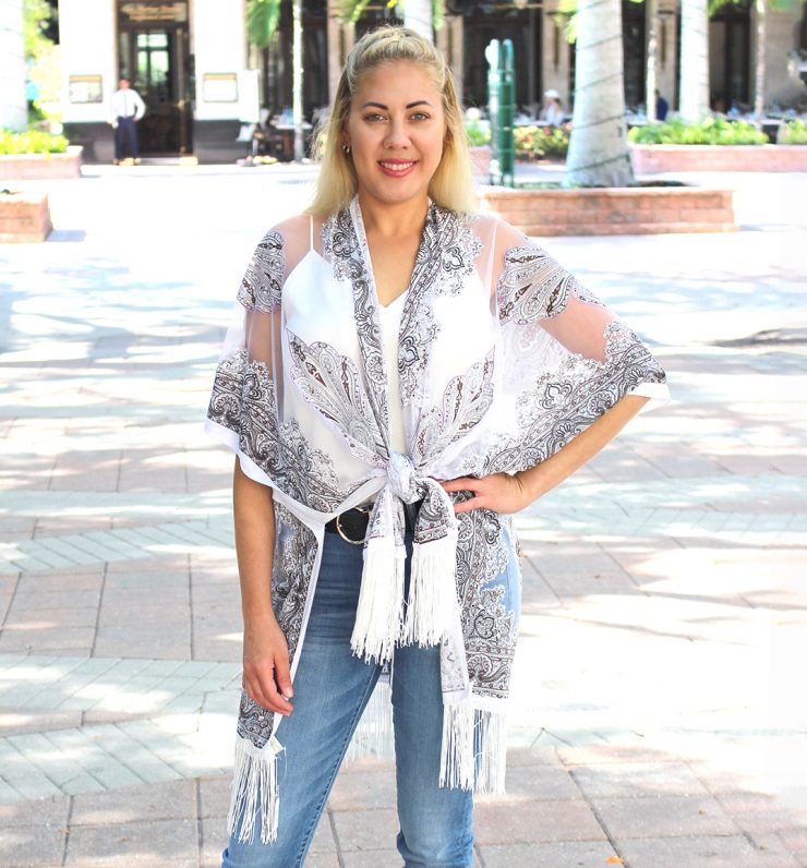 A photo of the Paisley Fringe Kimono product