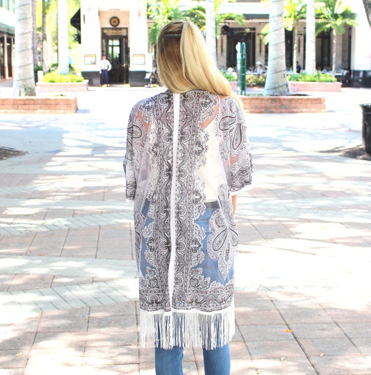 A photo of the Paisley Fringe Kimono product