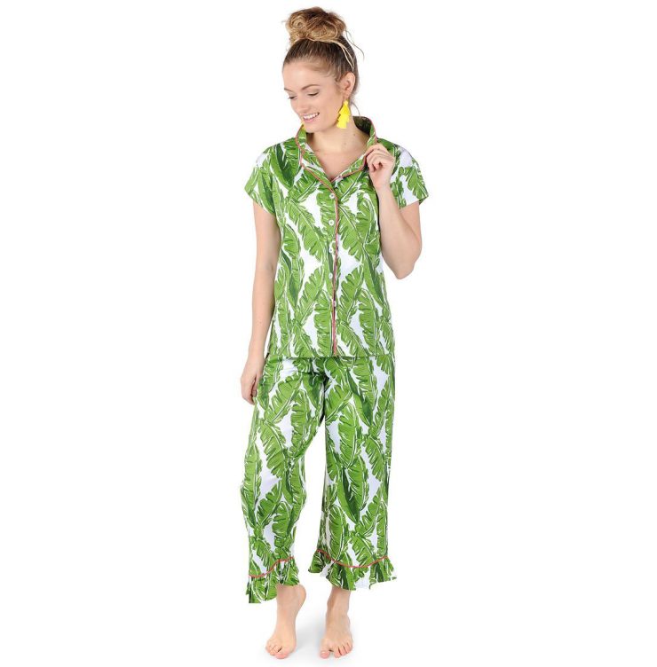 A photo of the Banana Leaf Sateen Capri Pajama Set product