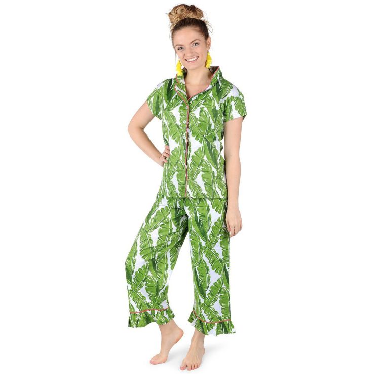 A photo of the Banana Leaf Sateen Capri Pajama Set product