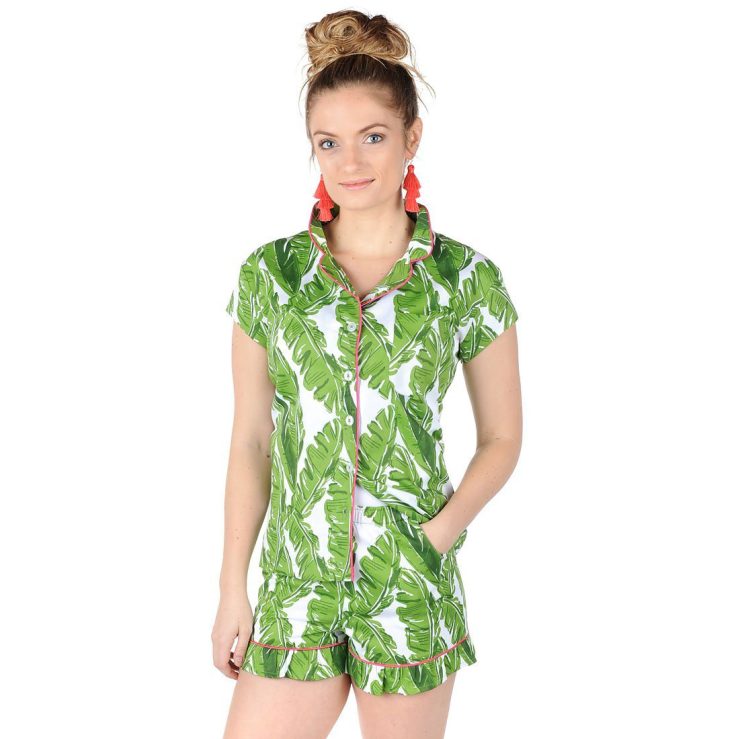 A photo of the Banana Leaf Sateen Ruffled Summer PJ Set product