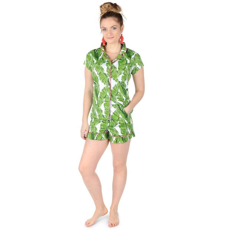 A photo of the Banana Leaf Sateen Ruffled Summer PJ Set product