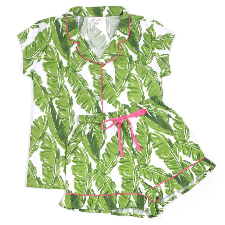 A photo of the Banana Leaf Sateen Ruffled Summer PJ Set product