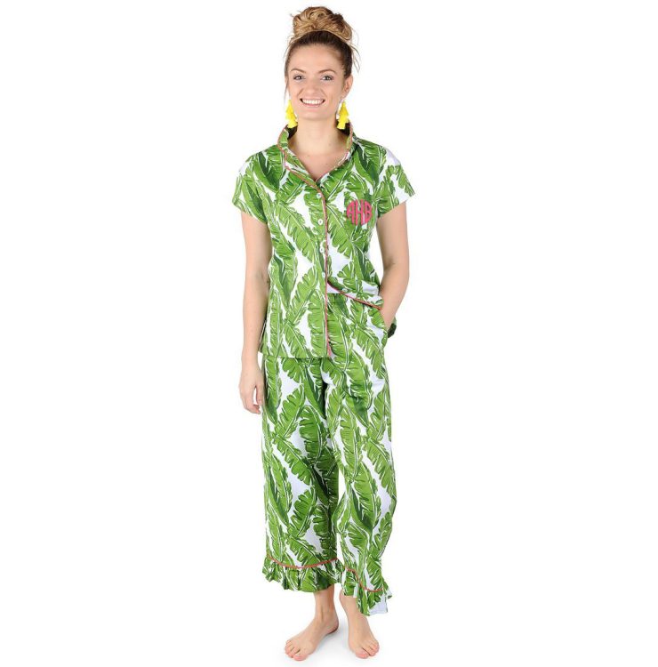 A photo of the Banana Leaf Sateen Capri Pajama Set product