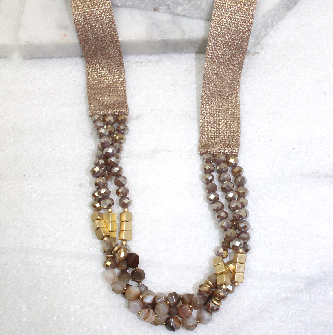 Beaded Ribbon Necklace in Tan Best of Everything Online Shopping
