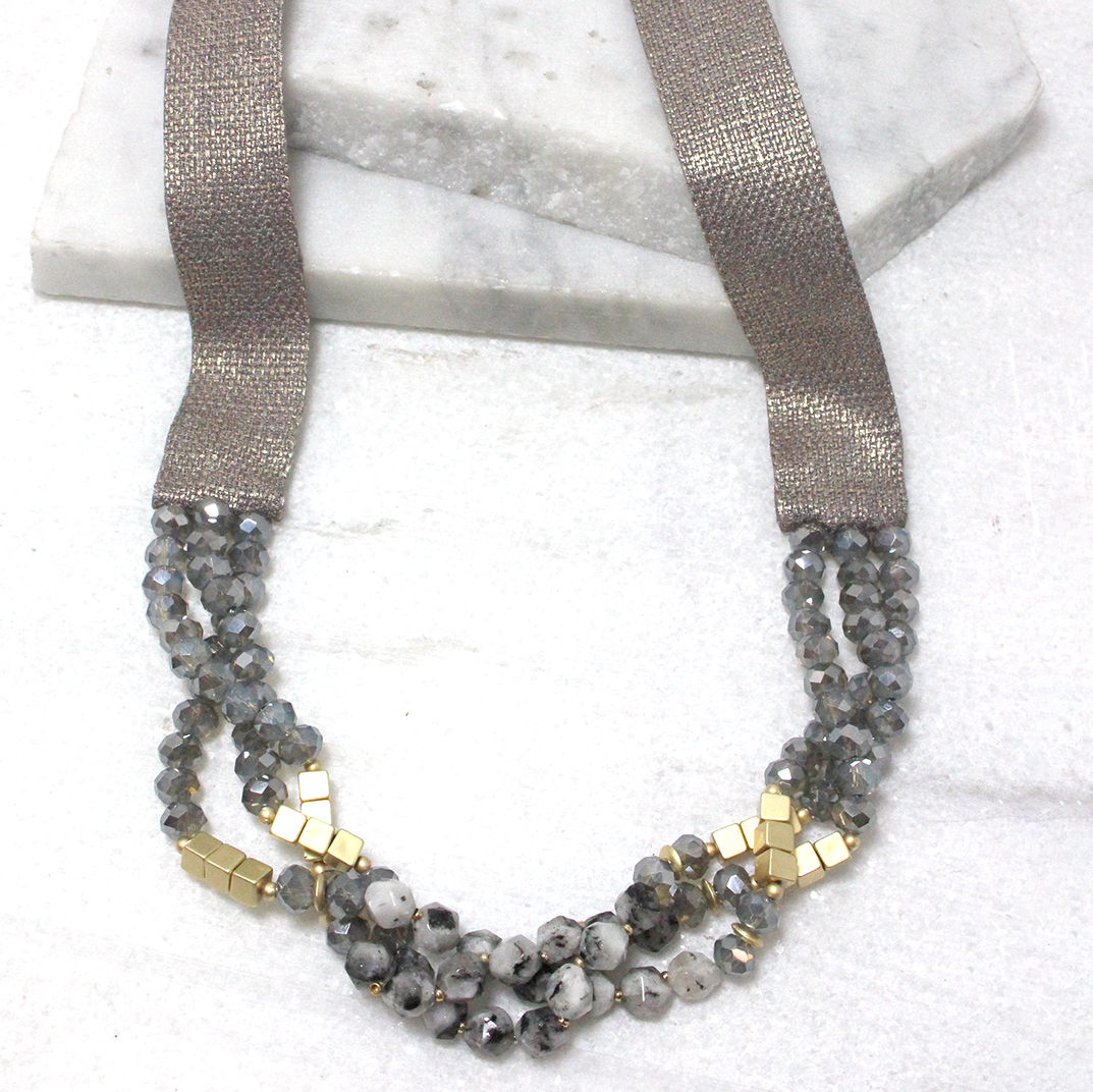 Beaded Ribbon Necklace in Grey Best of Everything Online Shopping