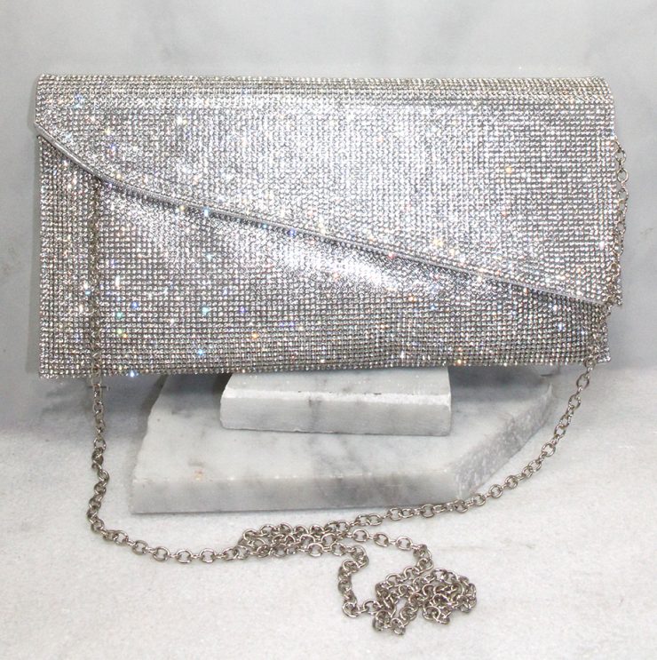 A photo of the Shimmer Rhinestone Clutch in Silver product