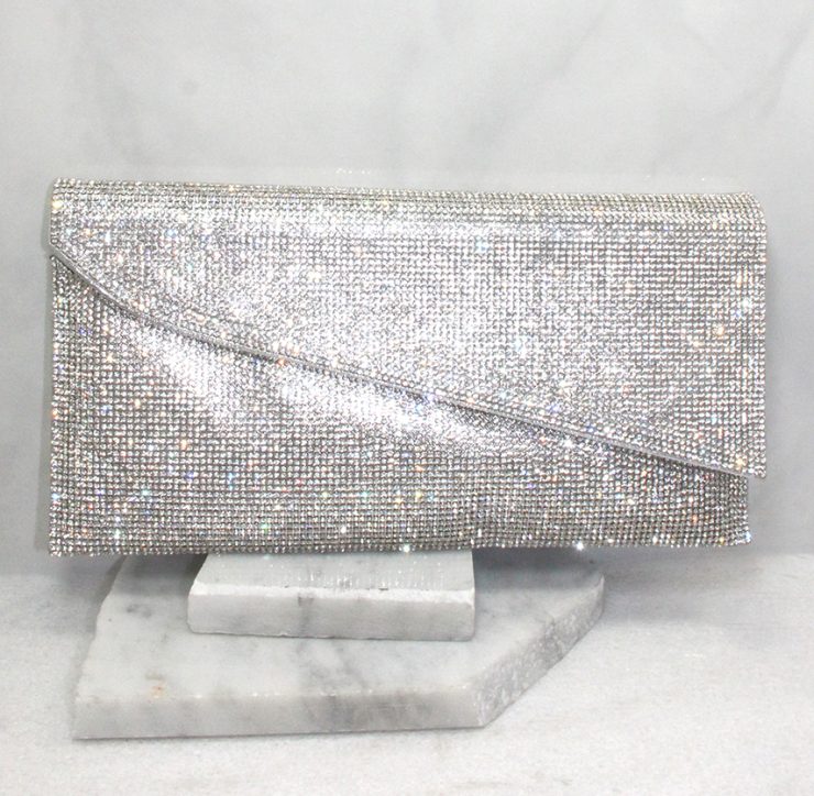 A photo of the Shimmer Rhinestone Clutch in Silver product