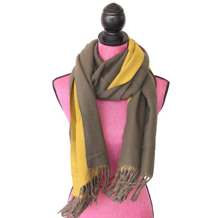 A photo of the Two Tone Scarf in Olive and Mustard product